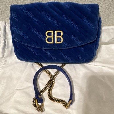 Balenciaga Quilted Blue Shoulder Bag Gold Chain Strap Logo Accent Card Slots
