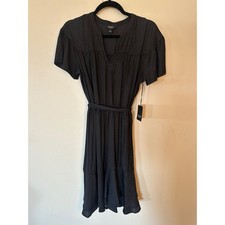 Simply Vera Vera Wang Black Dot Jacquard Midi Dress Short Sleeve Tie Waist S