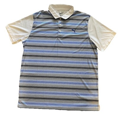 Puma Men s Polo Shirt  White Blue Striped Casual XL/TG