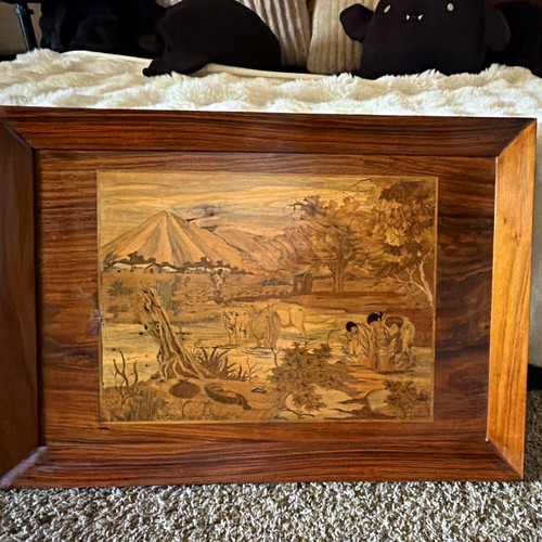 Vintage Handcrafted Rosewood Marquetry Panel Inlaid Wood Village Landscape Art