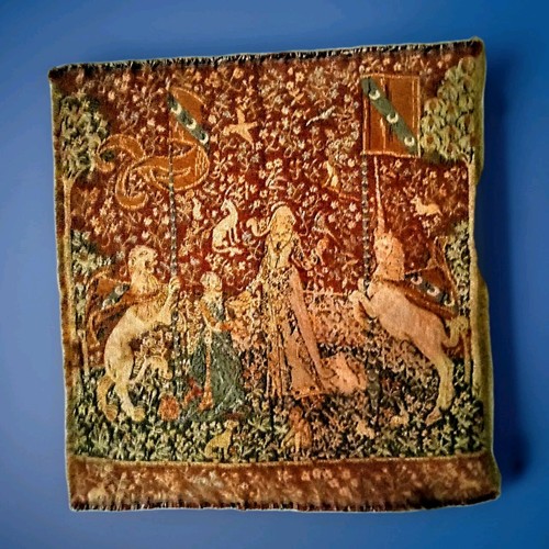 Medieval French Tapestry "THE LADY AND THE UNIC ORN" Wall Hanging. 18.5x19.5 In