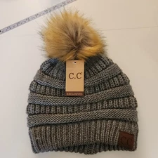 CC Beanie Brand Exclusive Soft Stretch Cable Knit Faux Fur Pom Pom Gray Metallic