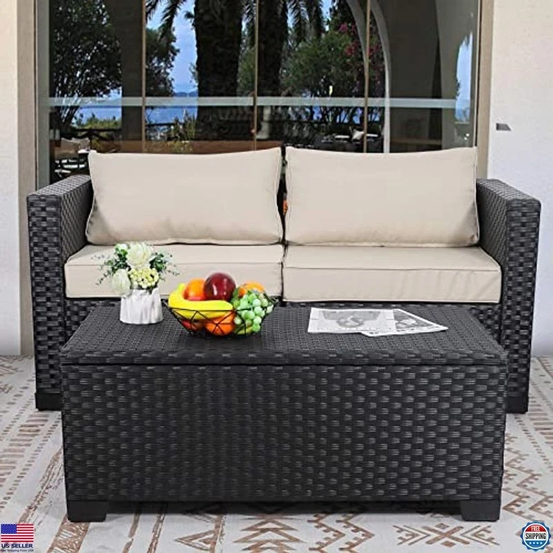 Mesa de centro exterior Rattaner negra con almacenamiento, mimbre para todo tipo de clima, impermeable Foto 3 de 4
