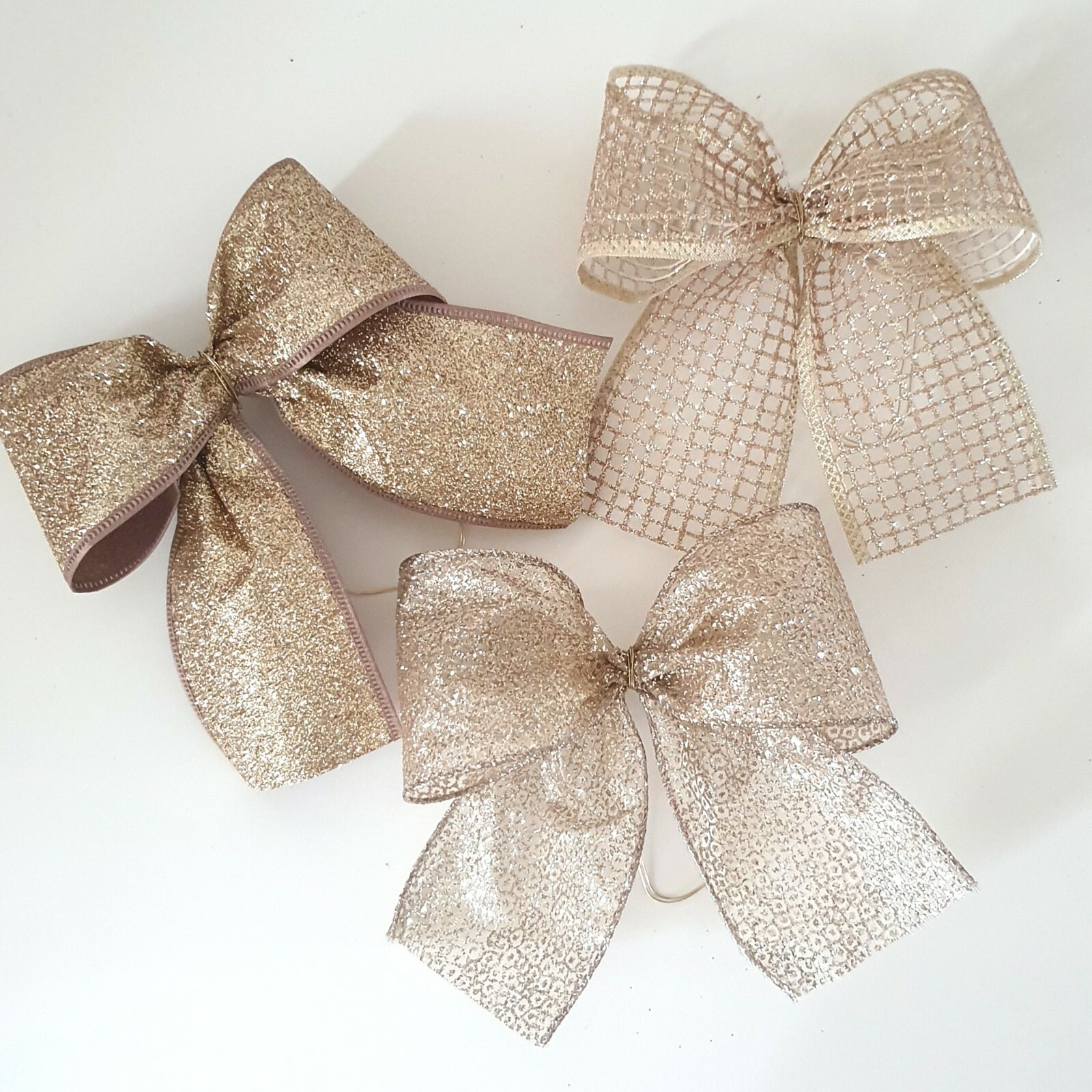 3 x Wired Champagne Gold Ribbon Christmas Tree Bows Decoration Champ