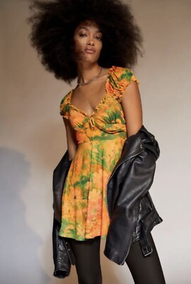 Urban Outfitters Audrey Mesh Lettuce Hem Y2K Floral Mini Dress Yellow Green  M | eBay