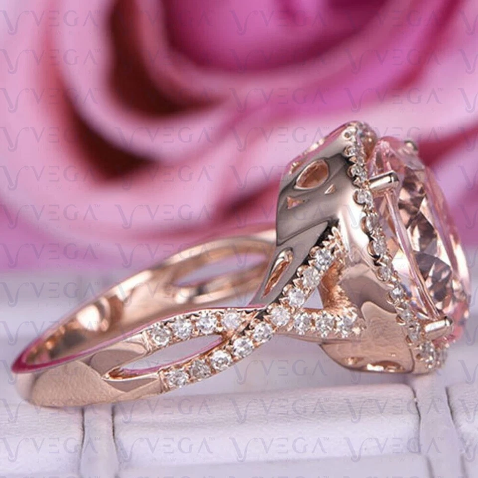 Anillo de diamantes de morganita natural rosa corte ovalado de 9,66 quilates de oro rosa real de 14 quilates Foto 3 de 4