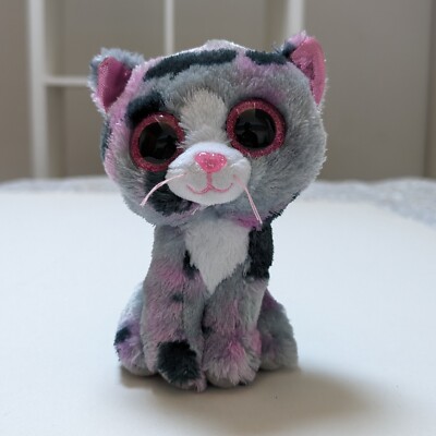 TY Beanie Baby/Bär ''''LINDI'''' (2016) großäugige KATZE (grau/rosa) 15 cm groß (sauber)