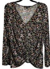 INC International Concepts Top Sz PL Floral Ruched Front Button Up V-Neck Blouse