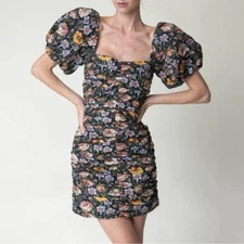 NWT RHODE Suzette Ruched Puff Sleeve Mini Dress in Blossoming Canopy Print Sz 6