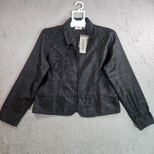 148 NWT Chico's Blazer Cardigan Size 1 Silk Embroidered Open Front Black Artsy