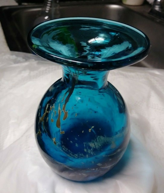Vtg MDINA Malta Art Glass 4.25" Vase Maltese Blue Yellow Swirls
