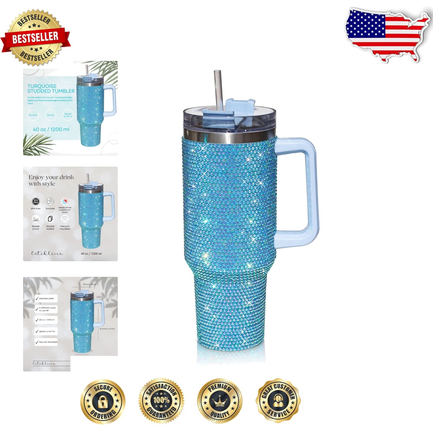 Reusable 40 Oz Stainless Steel Tumbler with Rhinestones - Travel Ready