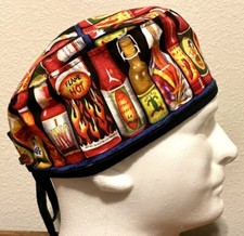 Hot Sauce Bottles on Shelf Scrub Hat Chemo Cap