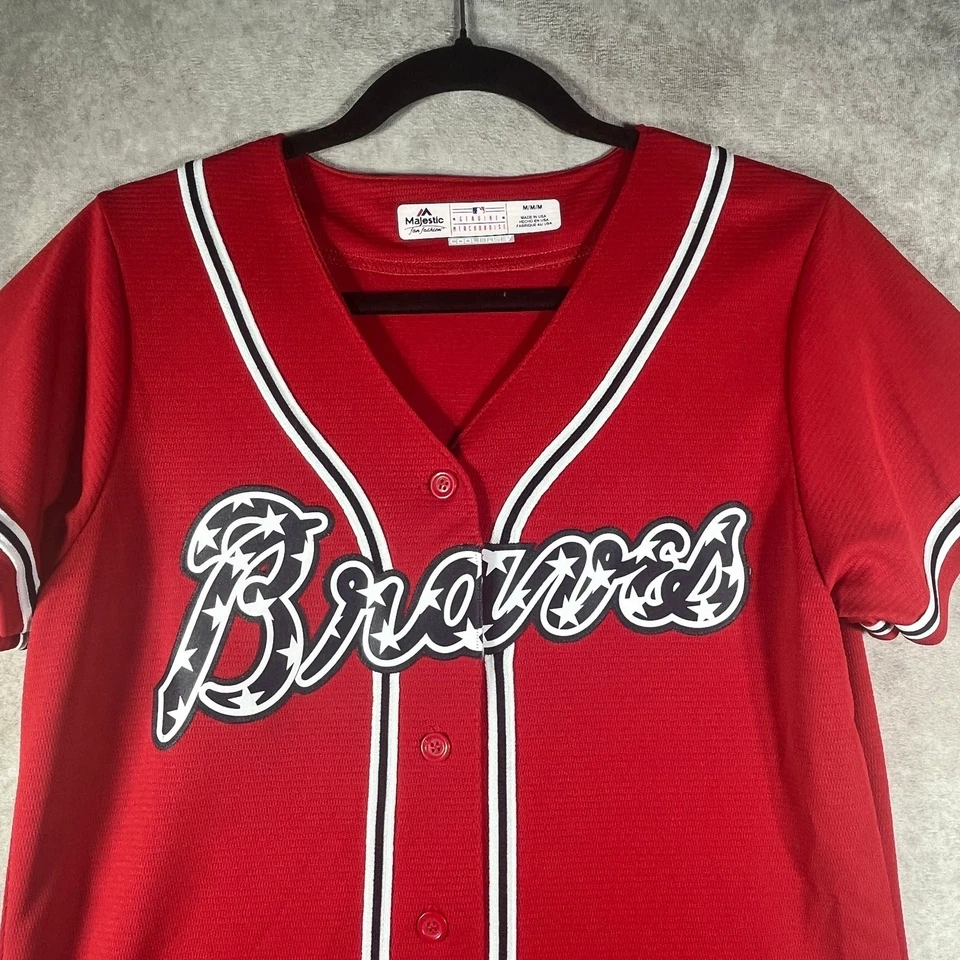 Camiseta de béisbol Majestic Atlanta Braves para mujer roja mediana fresca Foto 2 de 4