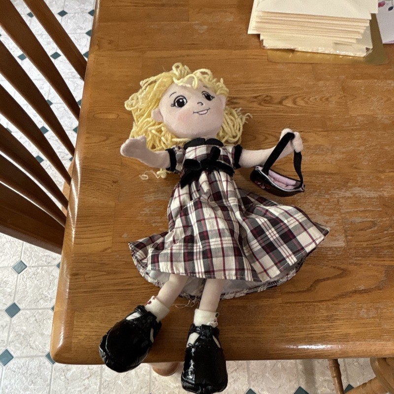 Gymboree Gymbelle Rag Girl Doll Blonde Curly Yarn Hair Plaid Dress Purse 13in