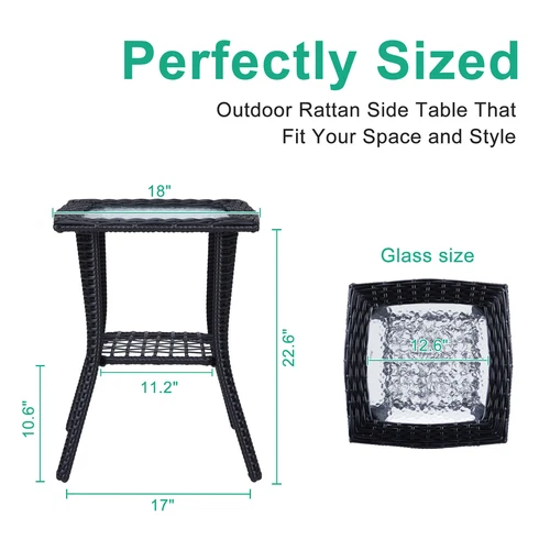 Outdoor Wicker Side Table Rattan End Table with Glass Top for Patio Black - Picture 7 of 12