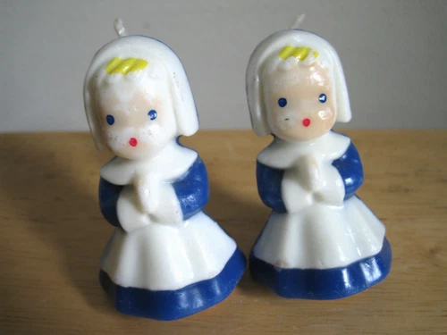 2 Vintage GURLEY Pilgrim Thanksgiving Girl 3" Unburned Candles - product listing photo