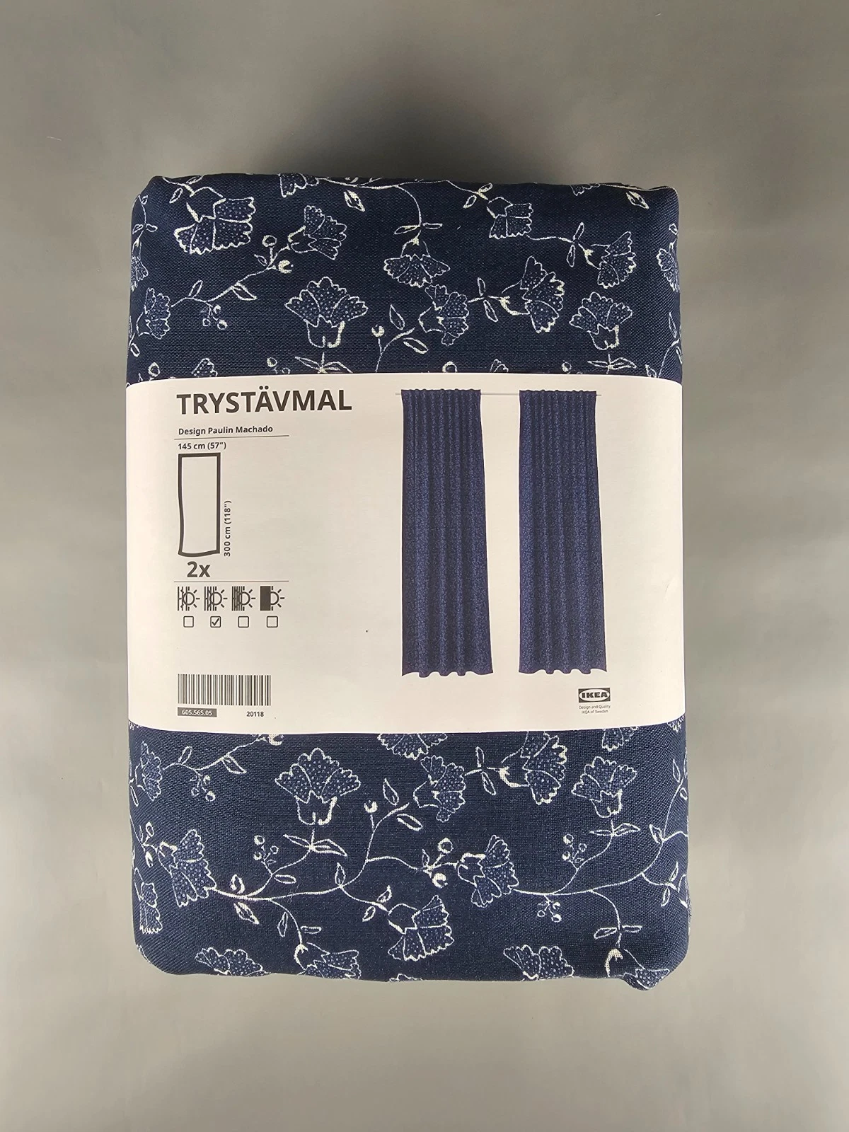 IKEA TRYSTAVMAL Curtains 1 pair 2 Panles Dark Blue White, 145x300 cm TRYSTÄVMAL