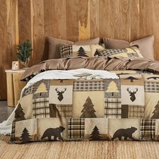 - Rustic Duvet Cover Set, Cabin Western Christmas Holiday Queen Taupe Brown