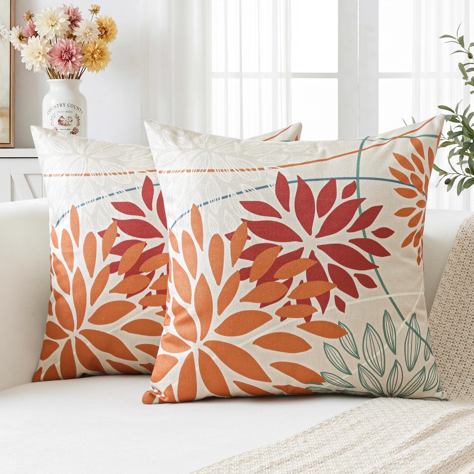 Housse de coussin 40x40cm géométrique | Fleurs orange et rouge