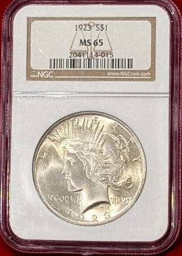 1923 PEACE DOLLAR  GRADED AN MS65 BY NGC AND A LIGHTED BOX