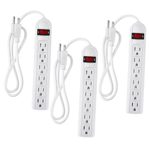 3 Pack 6 Outlet Power Strip Surge Protector 4 ft Flat Plug Surge White