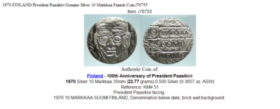 フィンランド10マルカ銀貨☆1970年／パーシキヴィ生誕100周年／f222-1 1970 FINLAND 10 MARKKAA SILVER COIN | eBay