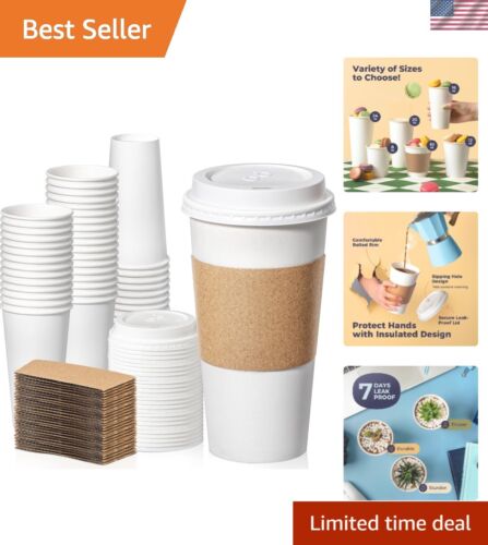 50 Pack 20 oz Disposable Coffee Cups with Lids, Sleeves, Leak-Proof To Go Cof...