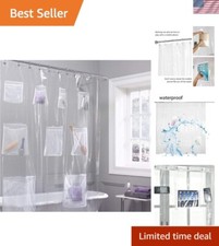 Stylish Waterproof Shower Curtain - Clear with 9 Mesh Pockets for Organizing