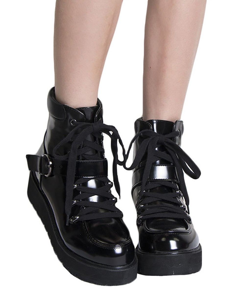 Round Toe Ankle-Length Buckle Lace Up Platform Boots Chunky Heel Size  Black