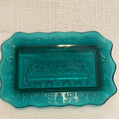 The Last Supper Tiara Indiana Glass Spruce Green Plate Dish Tray Vintage 11"x7"