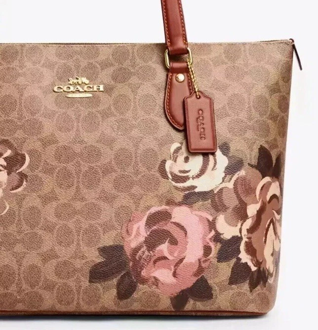 Borsa a tracolla Coach CZ180 Gallery Tote Bag firmata tela stampa rosa oro marrone nuova con etichette