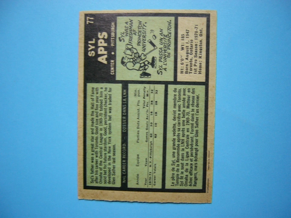 1971/72 O-PEE-CHEE NHL HOCKEY CARD #77 SYL APPS ROOKIE EX/NM SHARP!! 71/72 OPC - Image 2 of 2