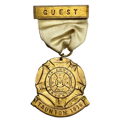 1916 Taunton MA 4th Annual Firemen's Association Convention GUEST Medal 3.75''H