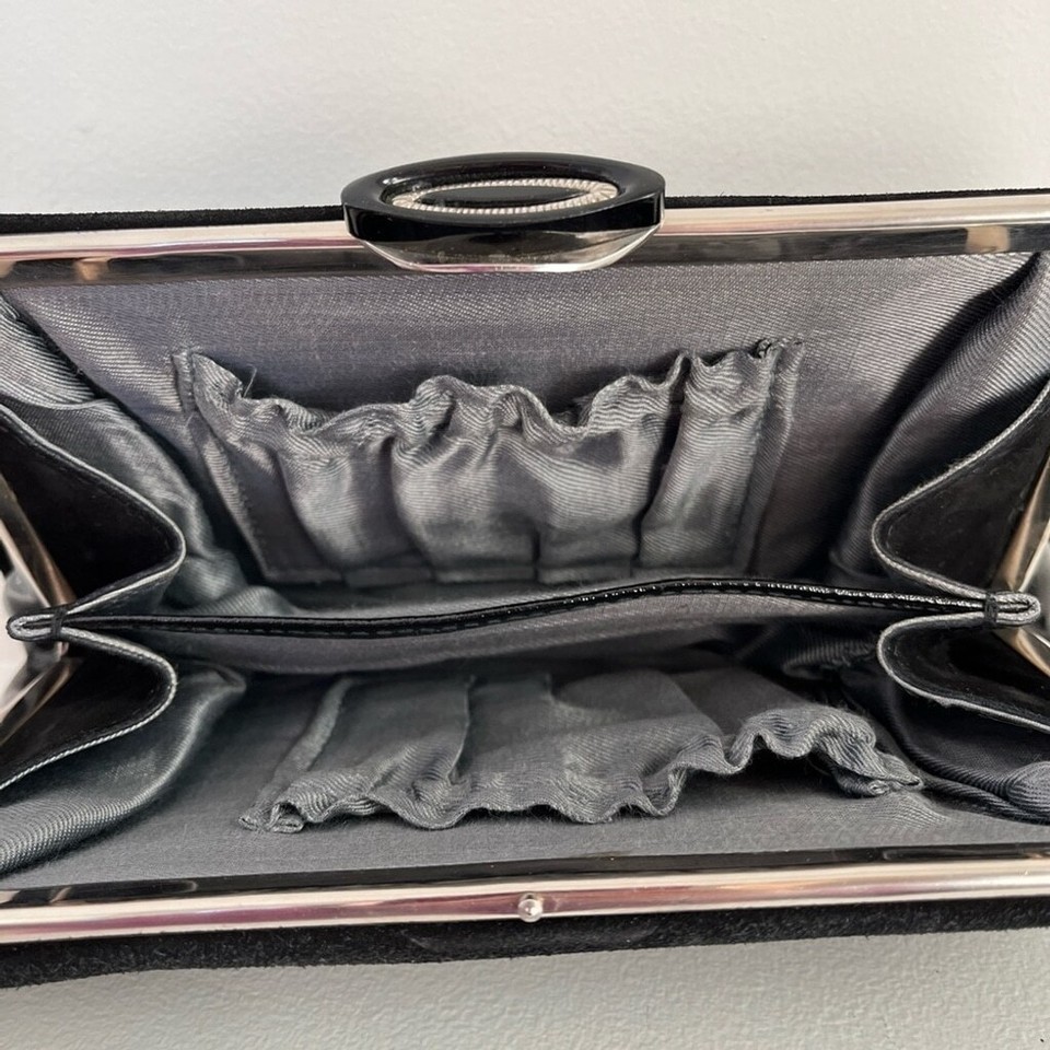 VINTAGE Black Suede Leather Clutch Bag Frame Style Top Clasp Occasion