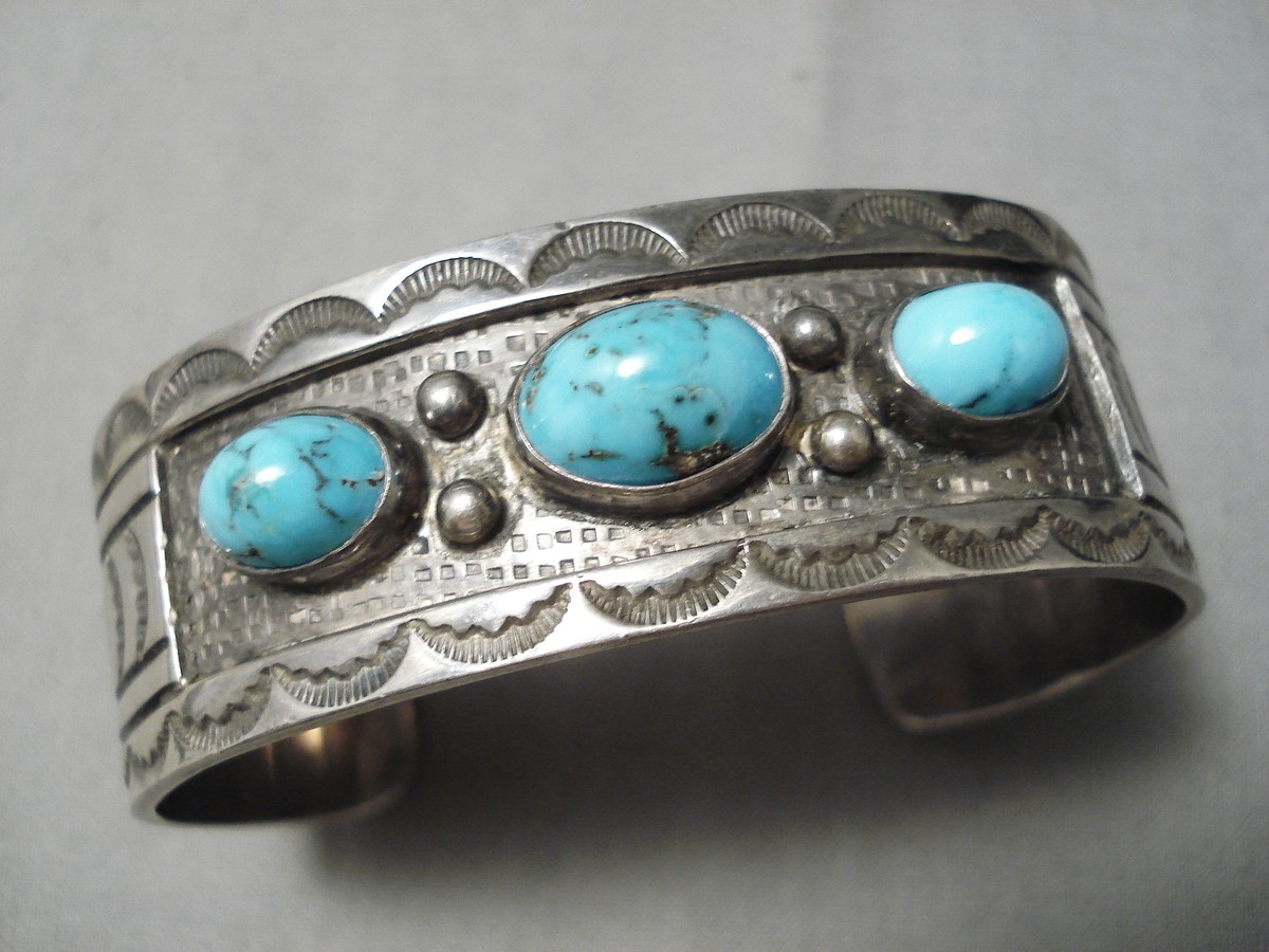 Statement Vintage Native American Navajo Carico Lake Turquoise Sterling Silver Bracelet Old Statement Vintage Native American Navajo Carico Lake Turquoise Sterling Silver Bracelet Old