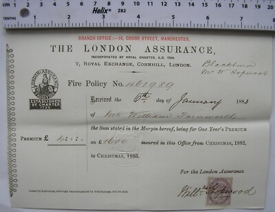 1883 receipt with revenue London Assurance fire + life premiums, Farnworth