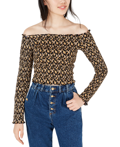 Self Esteem Juniors' Printed Smocked Off-The-Shoulder Top (X-Large, Black)