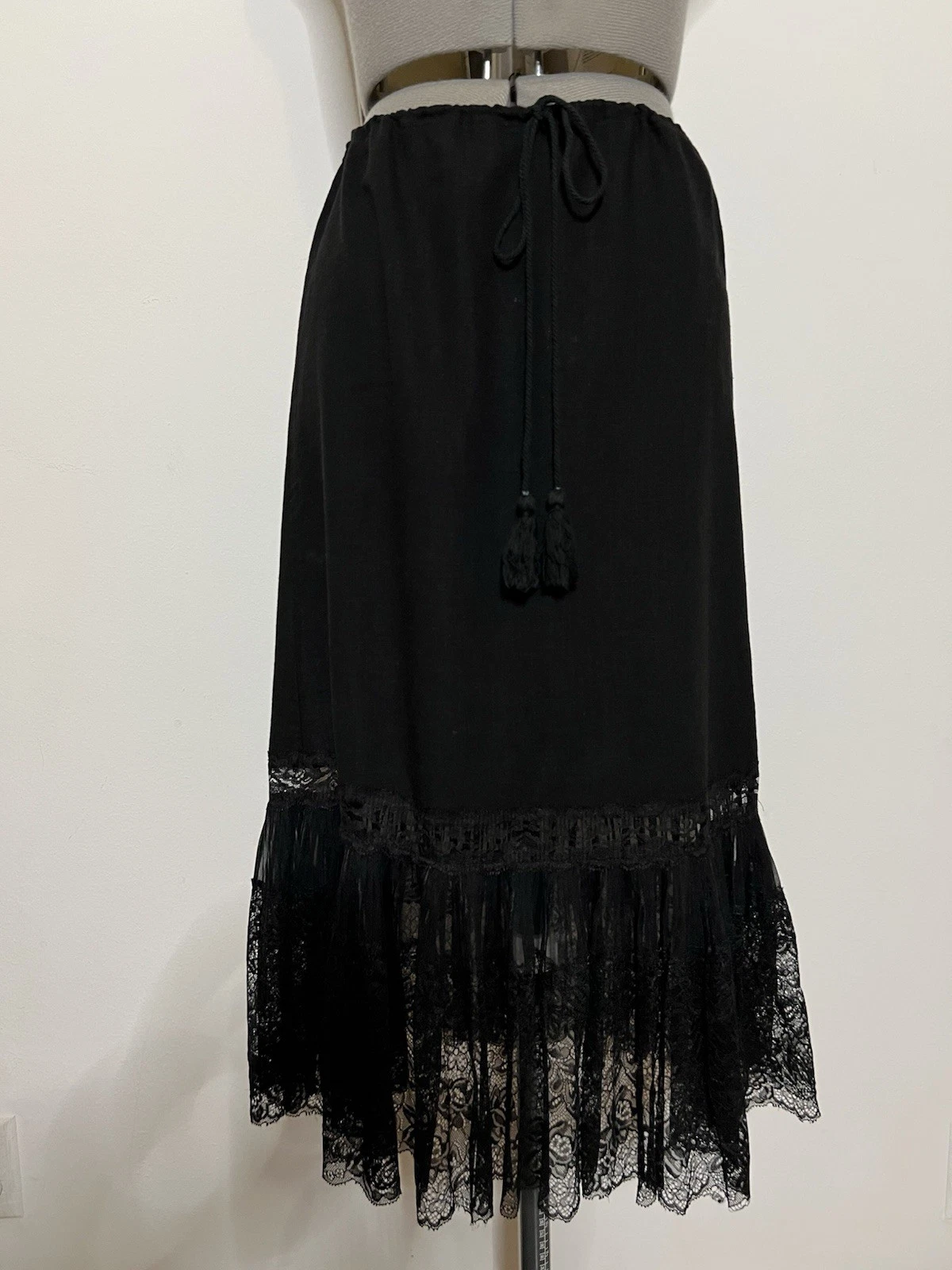 Summer Linen Blend Black Lace Trim Skirt Dark Fairy Whimsy Goth Size M
