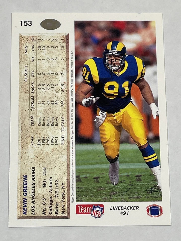 1992 Upper Deck Football #153 - Kevin Greene - Los Angeles Rams - Image 2 of 2