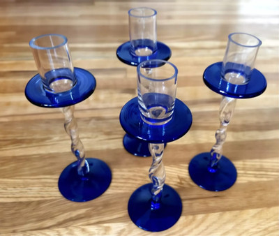 Cobalt Blue Candle Holders Accent Hand Blown Glass Set Of 2