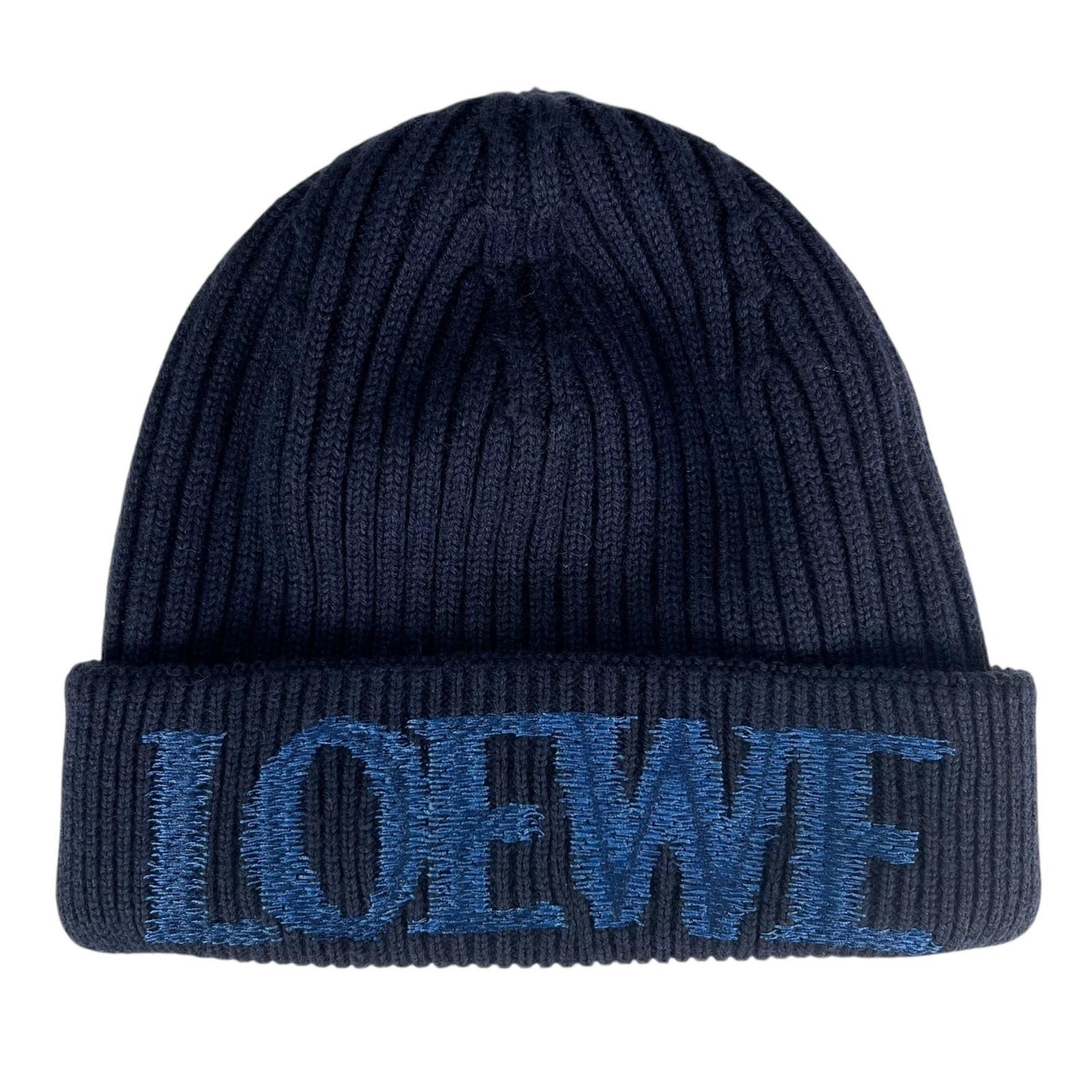 LOEWE F540257X23 Ladies Knit Cap Unused Wool Beanie Navy Blue Italy