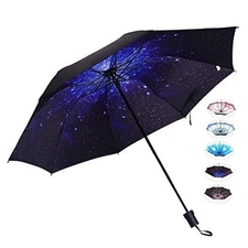  Compact Travel Umbrella for Women Vinyl Anti-UV Long Stick Lightweight Starry 