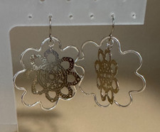 Snowflake Outlined Dangle Earrings Silver Tone 2"