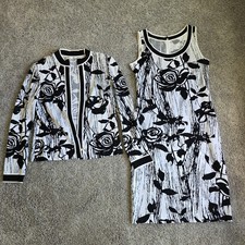 ST. JOHN Knit Full Zip Jacket  Dress Set Women's 8 Black White FLORAL