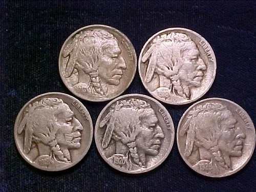 5 Buffalo Nickels: 1913, 18, 18-D, 20-D, and 26-D. Good or better with scratches