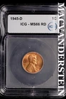 1945-D Lincoln Wheat Cent-ICG MS 66 RD Choice Gem BU No Reserve #SLL690