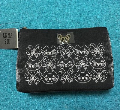 Anna Sui Cat And Butterfly Satin Embroidery Pouch Black