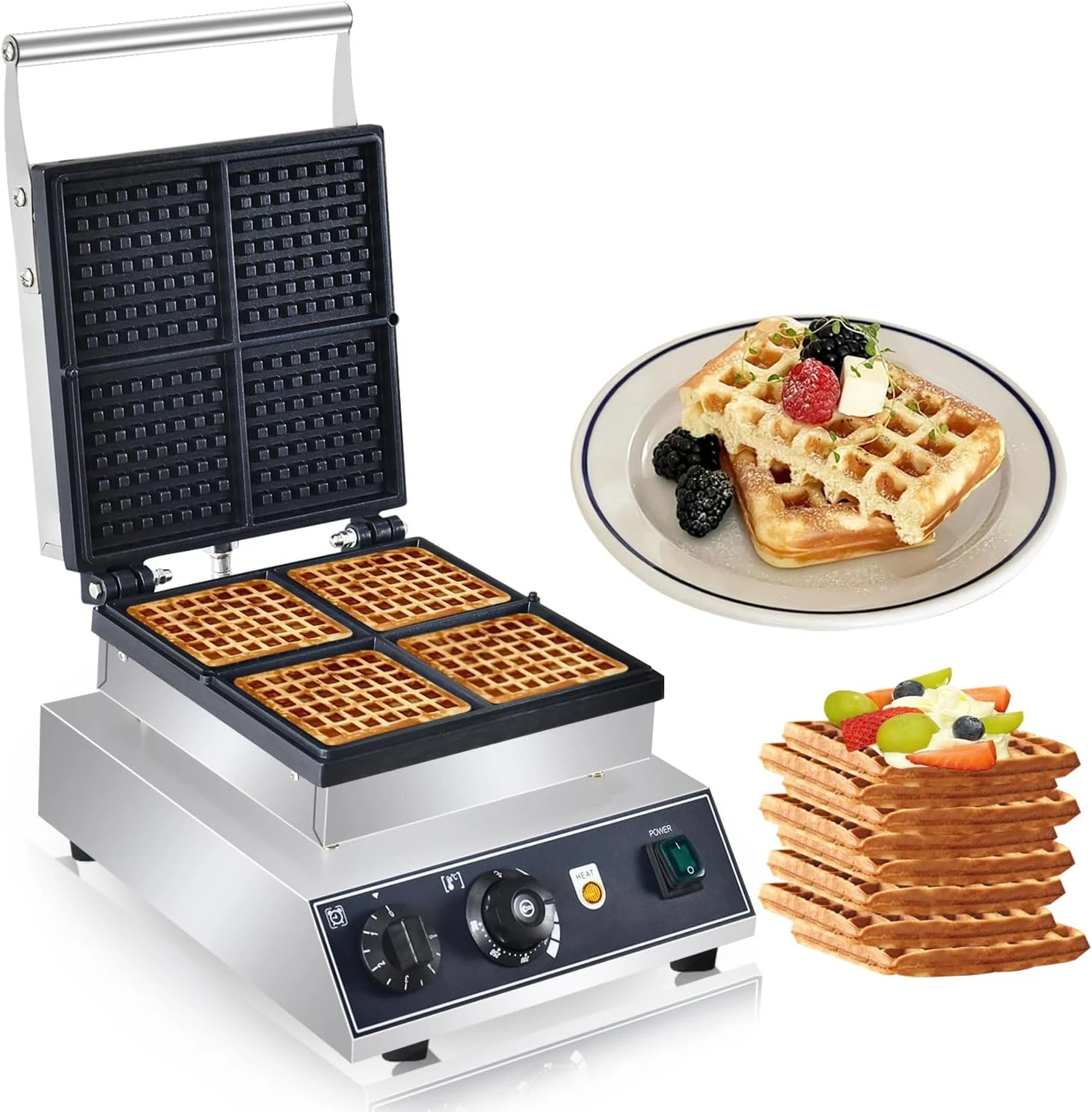 1800W Commercial Waffle Maker with 4 Nonstick Plates & Temp Control