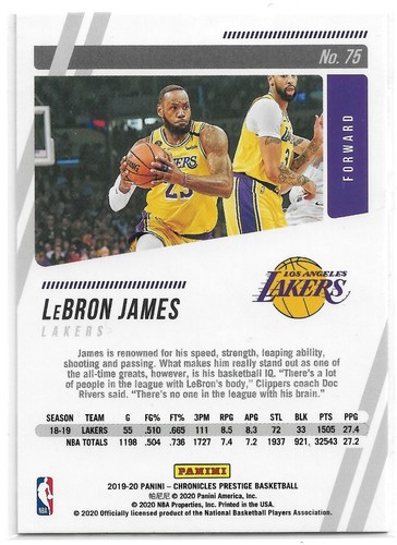 2019-20 Panini Chronicles Prestige Teal Foil LeBron James Los Angeles Lakers #75 - Picture 2 of 2